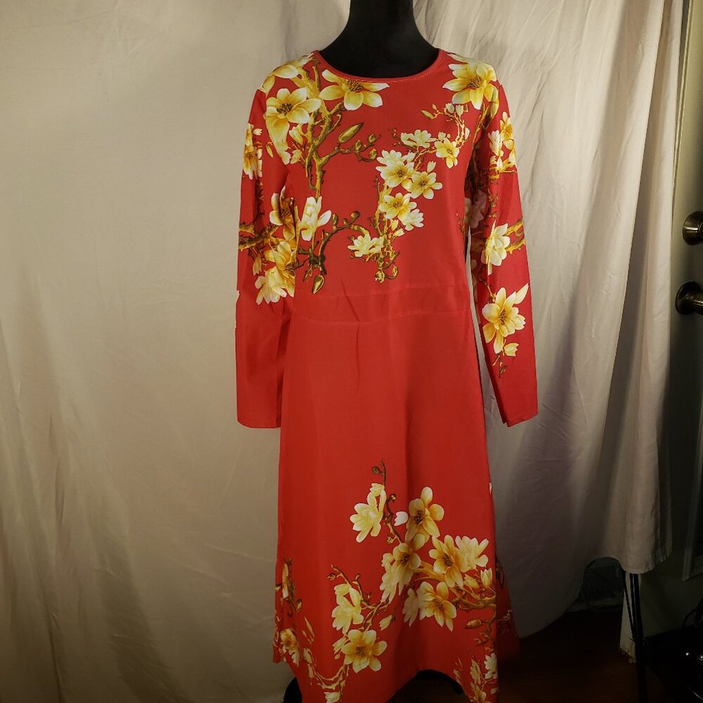 Red Floral Long-Sleeve Maxi Dress
